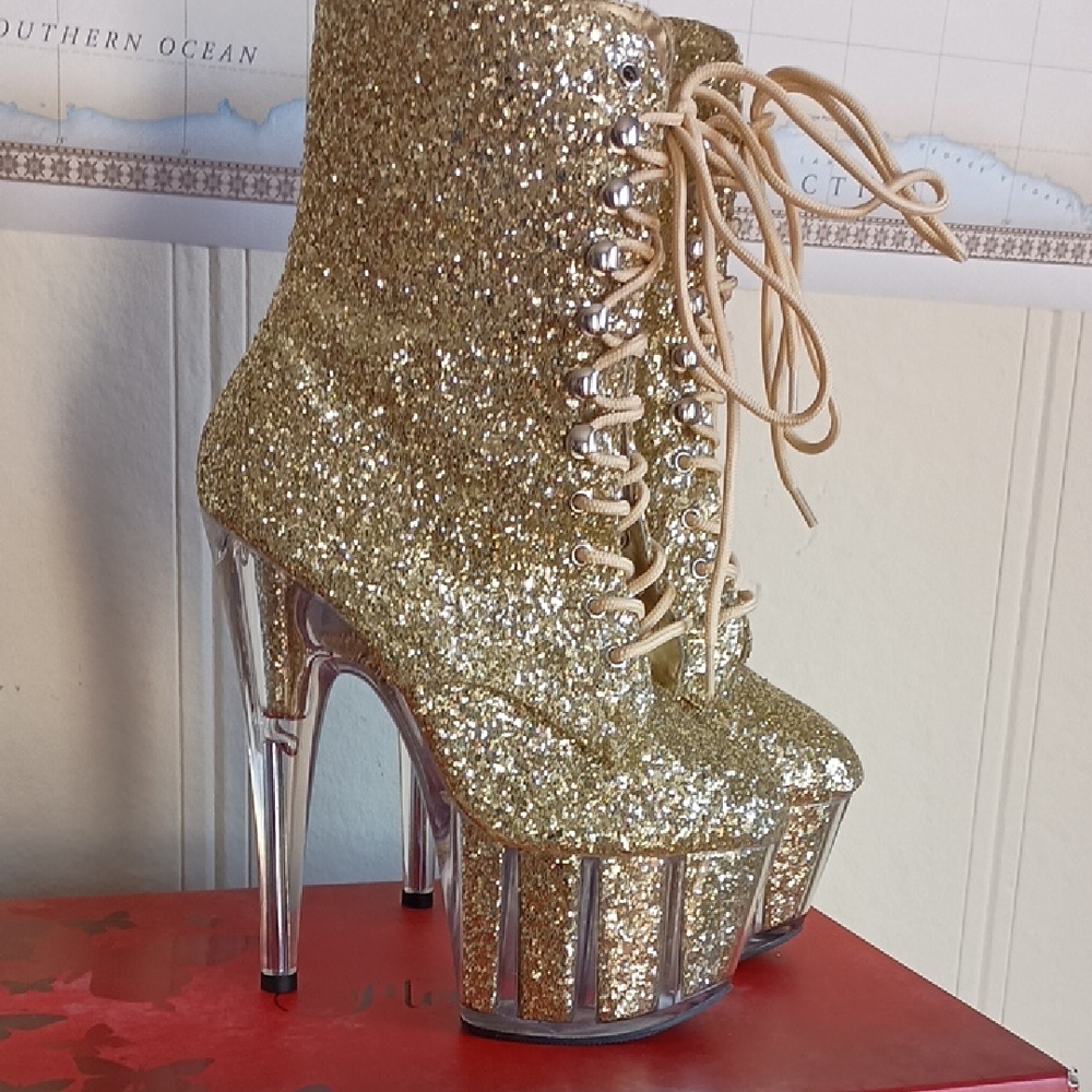 Pleaser Adore Gold Glitter Platform Boots